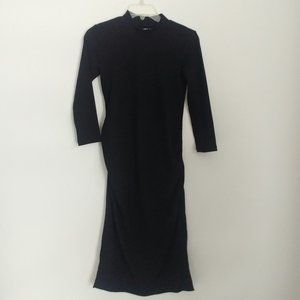 Black Knit Maternity Dress size XS Fitted & Ruched Midi Side Slits High Neck